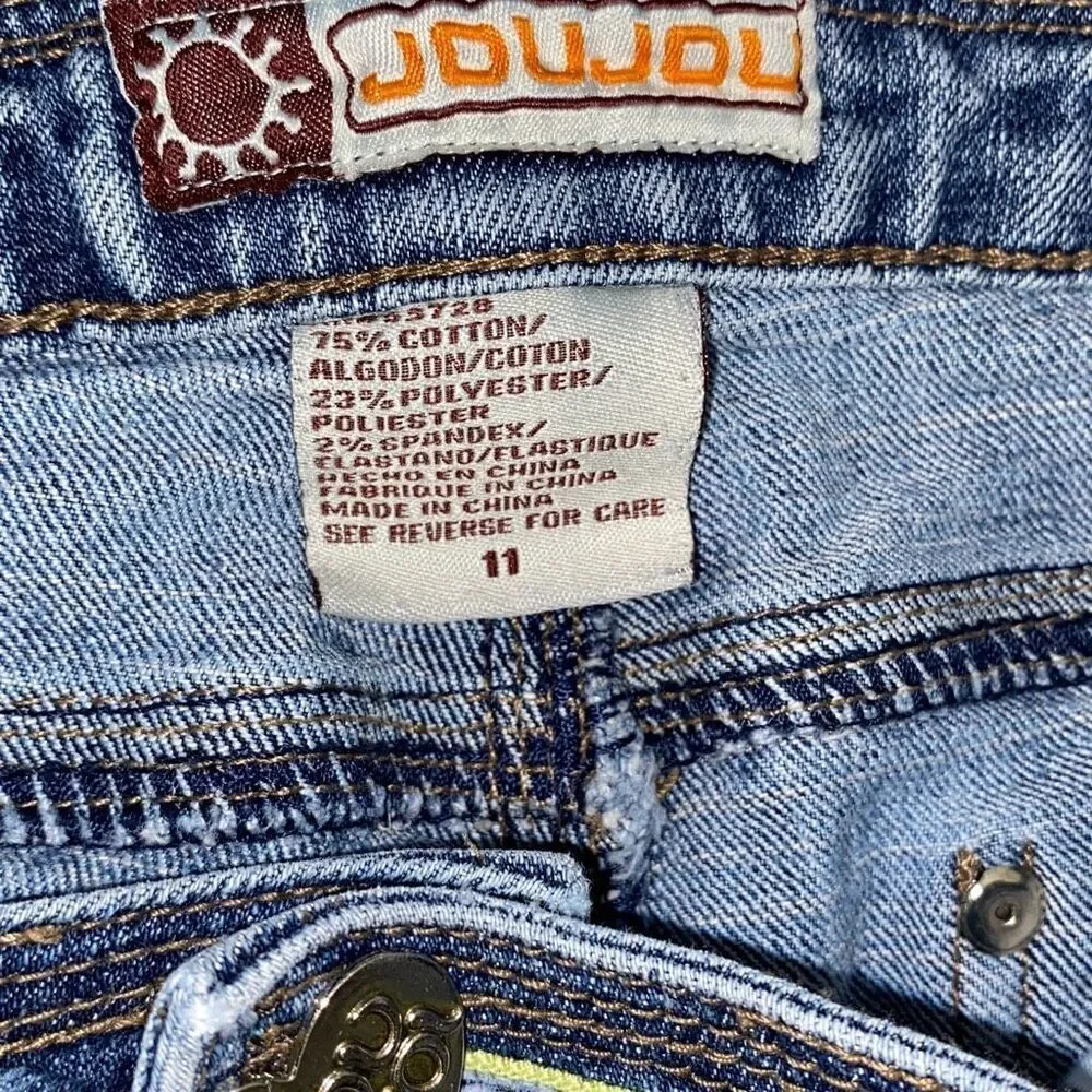 JouJou Womens Bootcut Jeans Medium Wash‎ Embroidered Heart Button Y2K Blue Denim